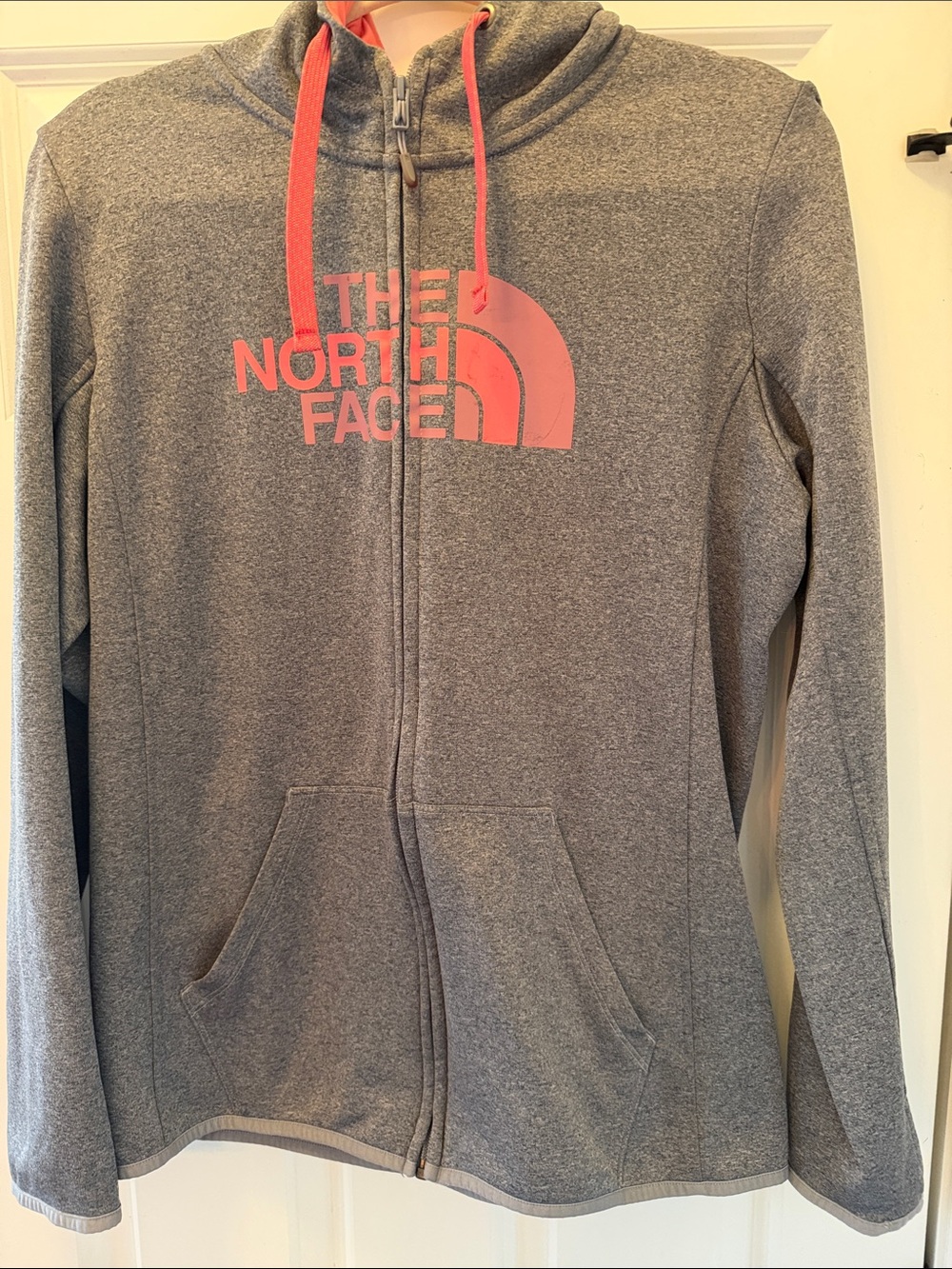 The North Face Heather Gray Full-Zip Hoodie with Pink Logo